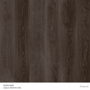 Woodlands luxury vinyl plank in Mocha Oak rich wood‑look finish